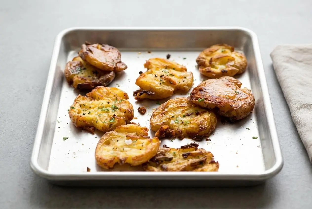 A dark baking sheet full of crispy Smashed Potatoes with golden-brown, craggy edges and fluffy centers, garnished with fresh parsley.