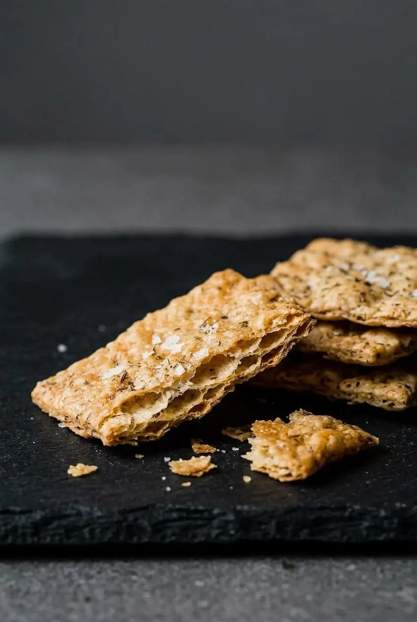 Macro close-up of a sourdough cracker snapped in half, revealing its thin, bubbly, and crispy interior texture on a dark slate surface.