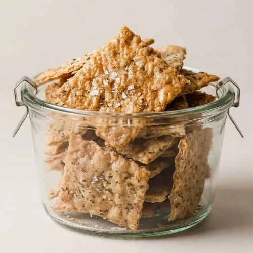 A full baking sheet of golden brown, crispy sourdough discard crackers on parchment paper, some broken into squares.