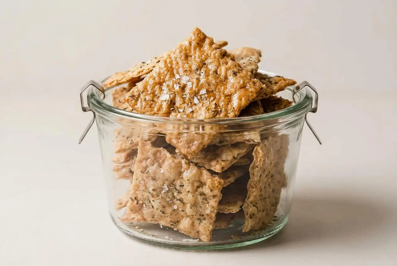 A full baking sheet of golden brown, crispy sourdough discard crackers on parchment paper, some broken into squares.