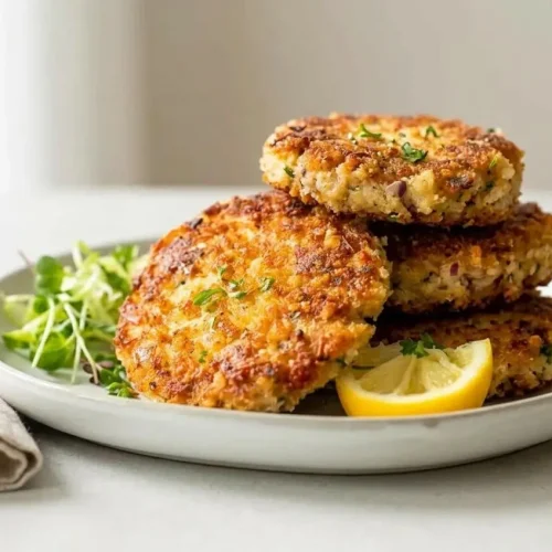 A stack of crispy golden-brown Tuna Patties on a white plate, served with a fresh parsley garnish and a lemon wedge.