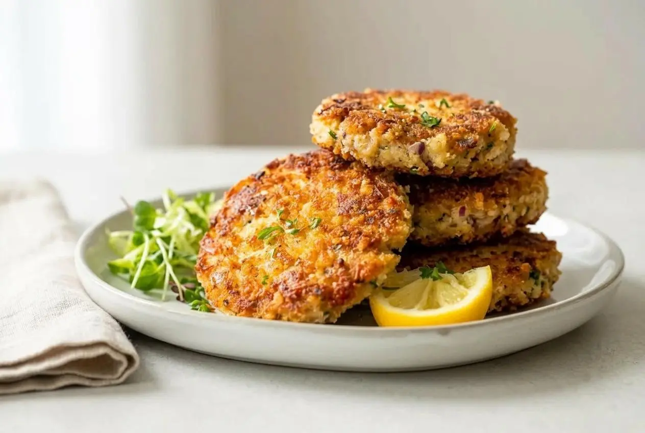 A stack of crispy golden-brown Tuna Patties on a white plate, served with a fresh parsley garnish and a lemon wedge.
