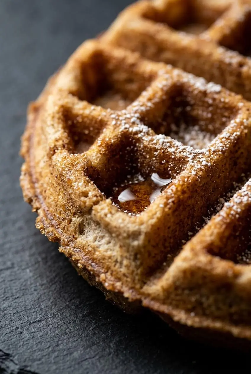 A close-up macro shot of a single cinnamon brown sugar waffle, showing the deep pockets and crisp, golden-brown texture of the surface.