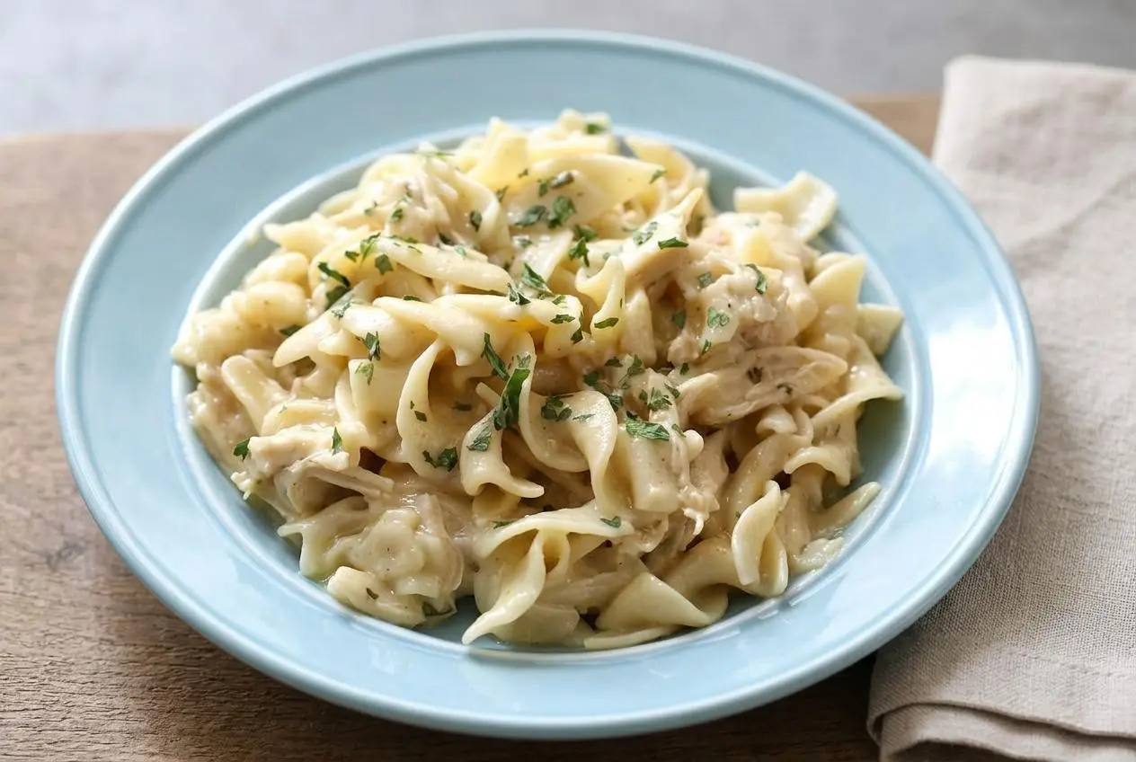 A bowl of creamy Crockpot Chicken and Noodles with tender shredded chicken, egg noodles, and a sprinkle of parsley.
