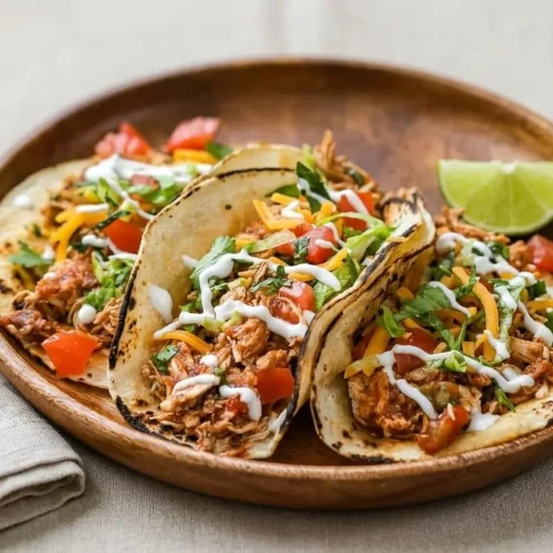 Three CrockPot Chicken Tacos in corn tortillas, filled with juicy shredded chicken and topped with pico de gallo and fresh cilantro.