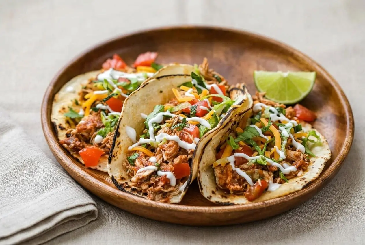Three CrockPot Chicken Tacos in corn tortillas, filled with juicy shredded chicken and topped with pico de gallo and fresh cilantro.