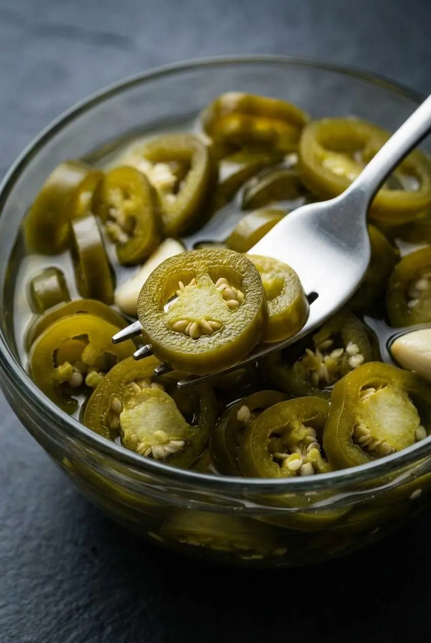 A close-up of several crisp pickled jalapeño slices on a silver fork, showing their firm texture and seeds against a dark background.