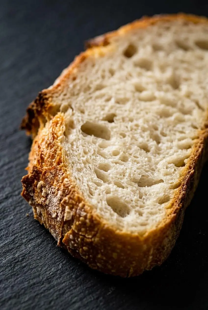 A close-up macro shot of sliced crusty bread, showing the contrast between the dark, crackly crust and the airy, open crumb inside.
