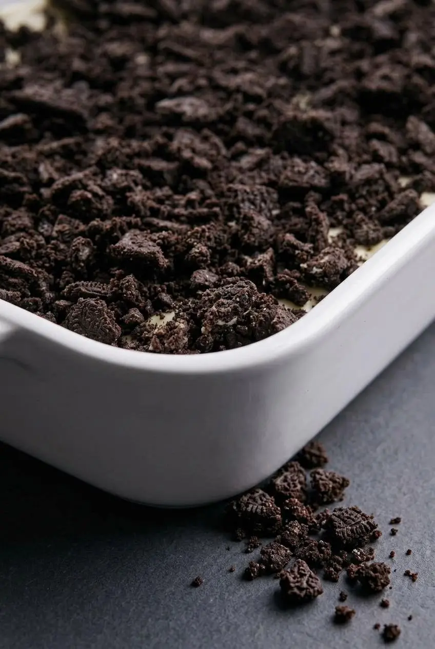 A close-up macro shot of the corner of a dirt cake, highlighting the crumbly texture of the Oreo topping against the smooth, pale pudding