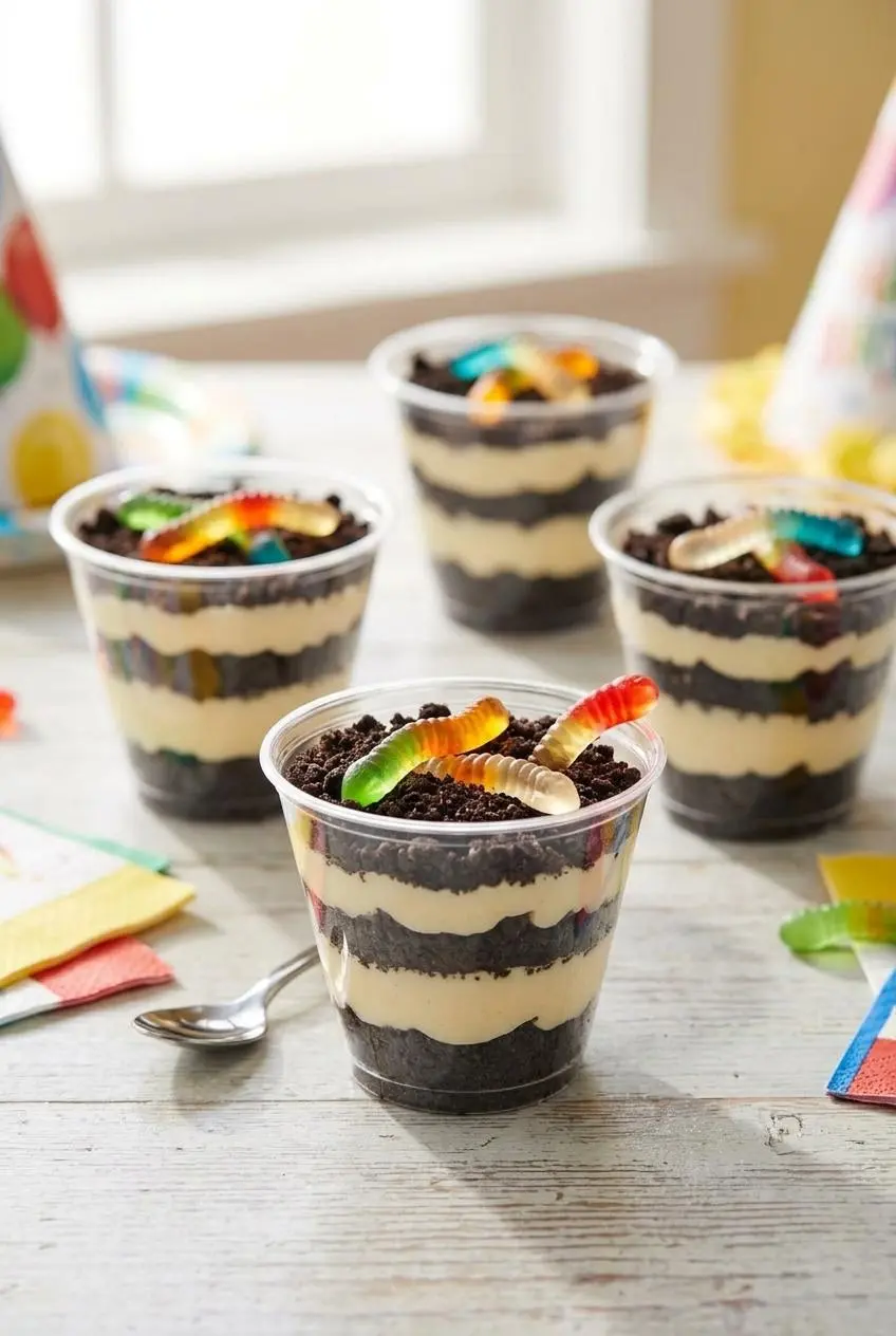 Three individual dirt cups in clear glasses showing neat layers of Oreo crumbs and pudding filling, with a gummy worm on top of the front