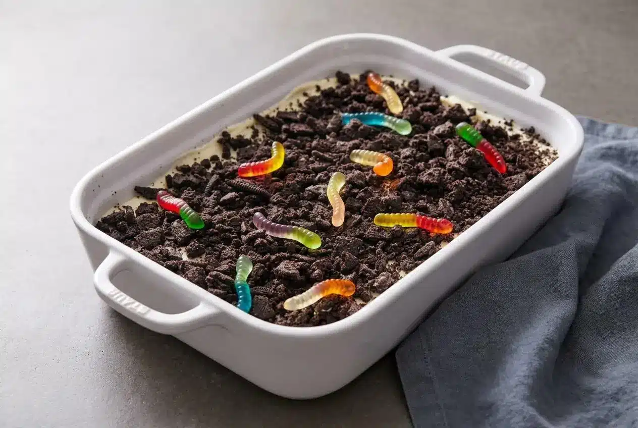 A rectangular pan of Dirt Cake Recipe, showing a crunchy crushed Oreo topping, creamy vanilla pudding filling, and colorful gummy worms.