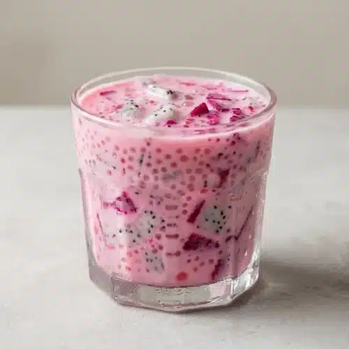 A glass bowl of creamy pink Dragonfruit Sago, filled with chewy pearls, diced white and pink dragonfruit, and colorful jelly cubes.