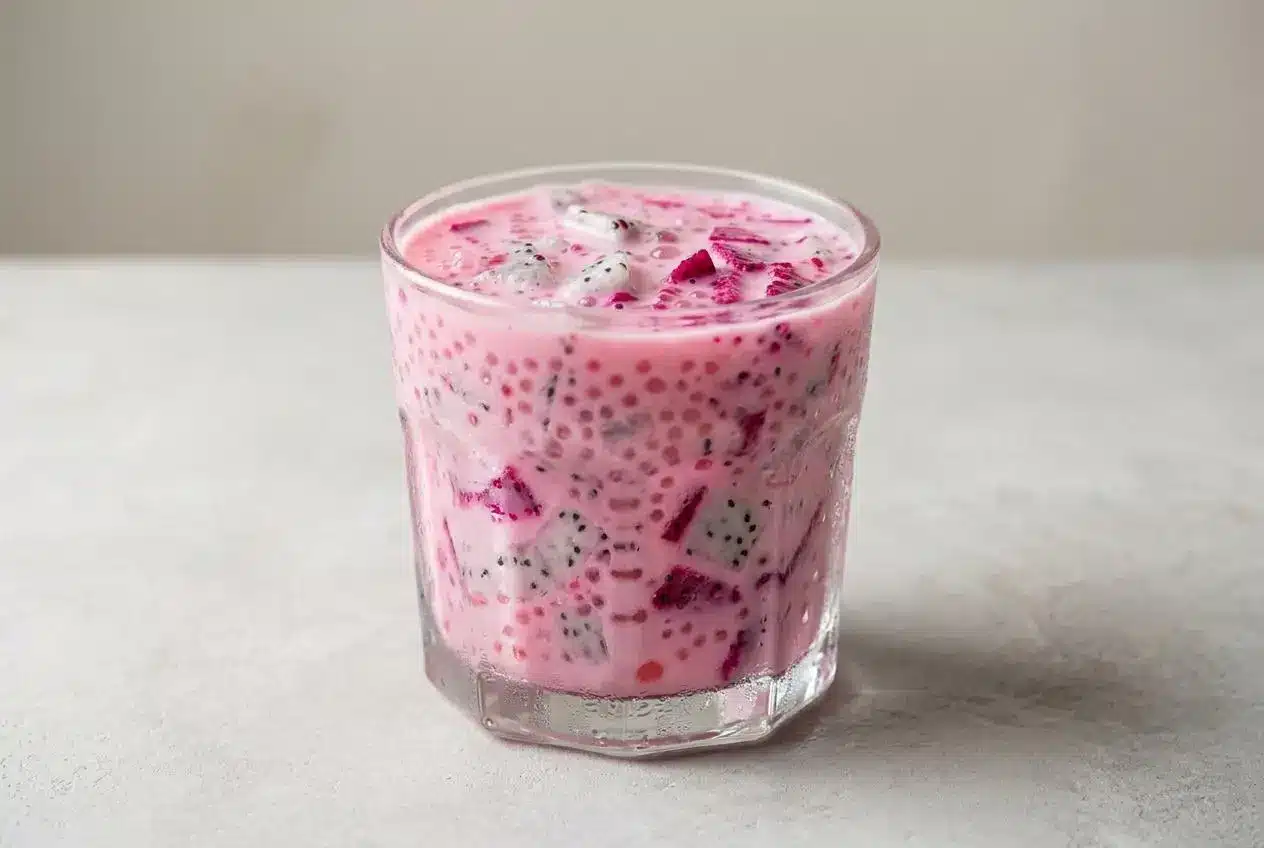 A glass bowl of creamy pink Dragonfruit Sago, filled with chewy pearls, diced white and pink dragonfruit, and colorful jelly cubes.