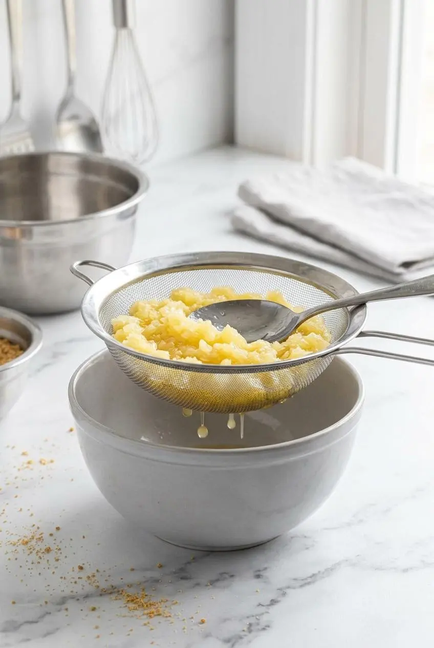 Crushed pineapple in a metal mesh strainer being pressed with a spoon over a grey bowl to drain excess juice.
