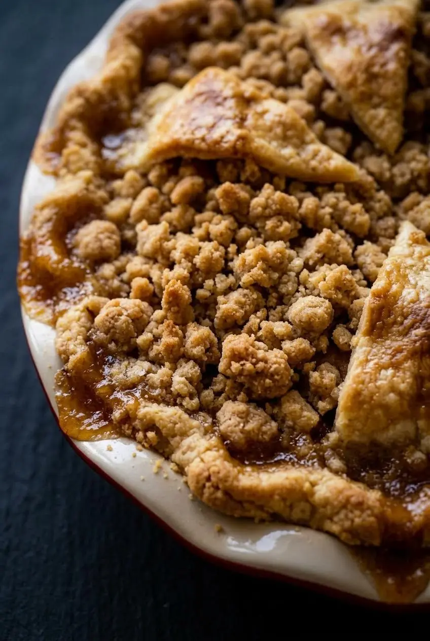 A macro close-up of the crunchy, golden-brown streusel topping on a Dutch apple pie, showing large buttery clumps and a sandy texture.