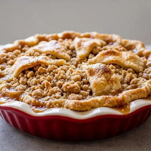 A whole Dutch apple pie recipe with a golden-brown crumble topping and flaky crimped crust, shown in a glass pie dish.