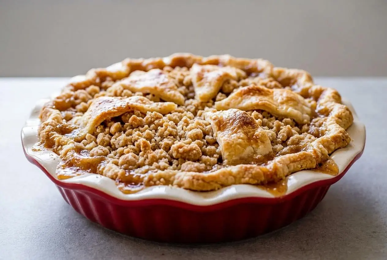 A whole Dutch apple pie recipe with a golden-brown crumble topping and flaky crimped crust, shown in a glass pie dish.