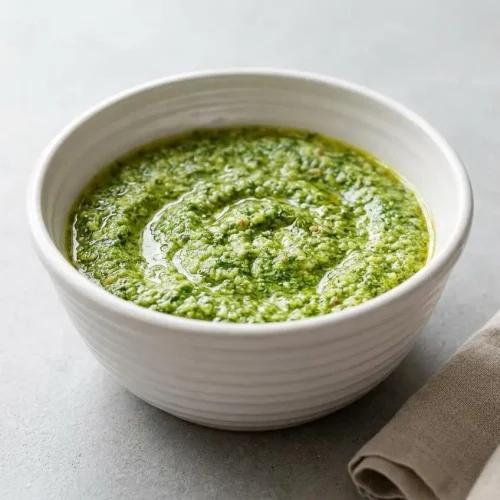 A white bowl filled with a vibrant green, creamy basil pesto recipe, set on a dark slate surface with fresh basil leaves nearby.