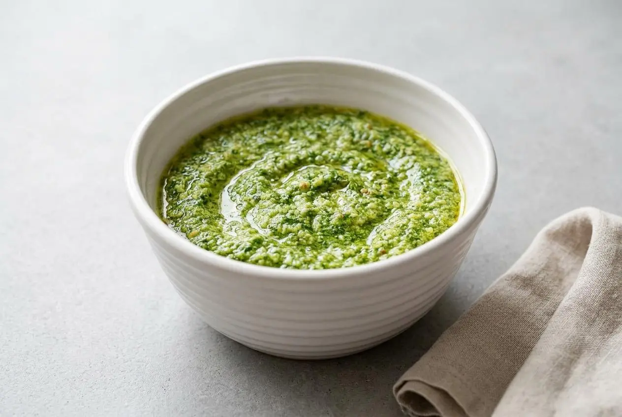 A white bowl filled with a vibrant green, creamy basil pesto recipe, set on a dark slate surface with fresh basil leaves nearby.