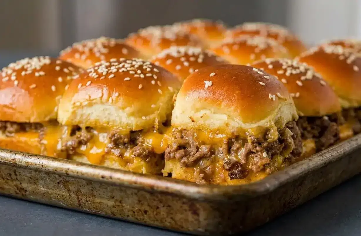 A pan of baked cheeseburger sliders with golden-brown, sesame-seed tops, with one slider being pulled away to show gooey melted cheddar
