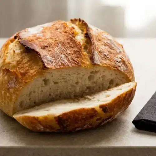 A golden-brown round loaf from a crusty bread recipe, with a crackly, flour-dusted top, resting on a wire cooling rack.