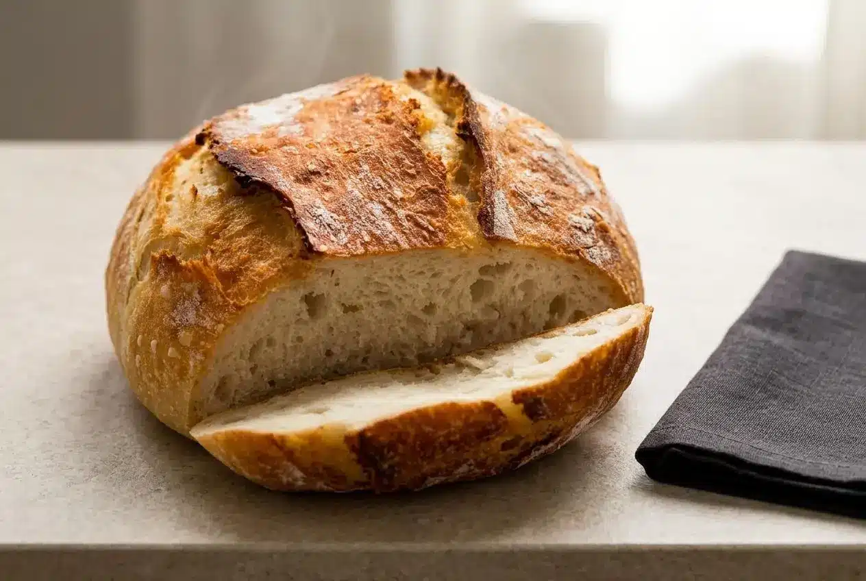 A golden-brown round loaf from a crusty bread recipe, with a crackly, flour-dusted top, resting on a wire cooling rack.