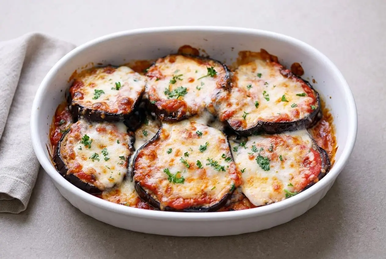 A rectangular white baking dish of eggplant casserole with a bubbly, golden-brown mozzarella and Parmesan topping.
