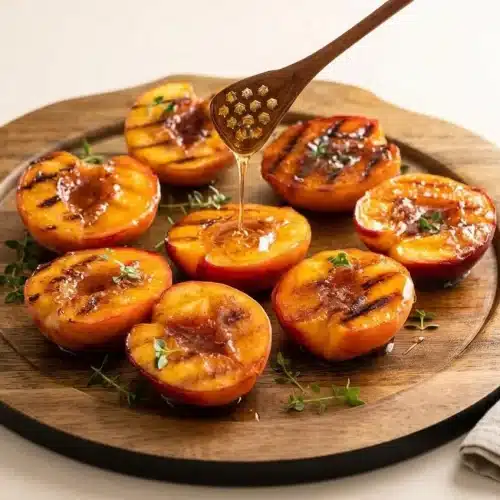 A platter of golden-brown grilled peaches with a glossy, caramelized brown sugar topping and dark char marks.