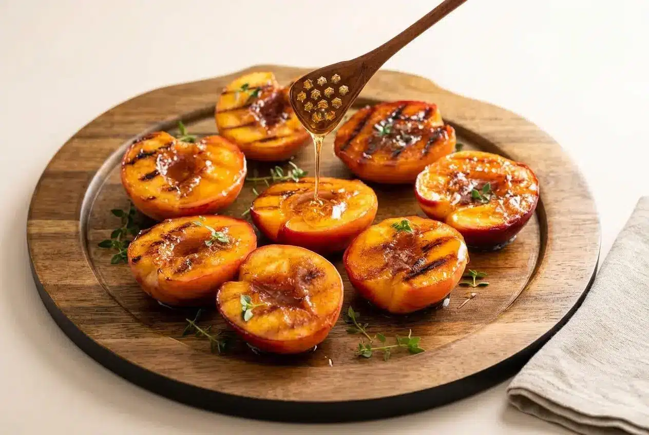 A platter of golden-brown grilled peaches with a glossy, caramelized brown sugar topping and dark char marks.