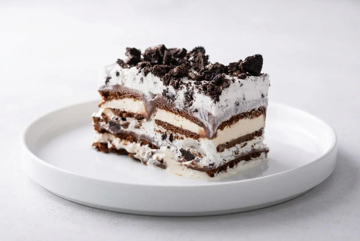A generous slice of Ice Cream Sandwich Cake on a white plate, showing the distinct creamy layers of fudge, whipped topping, and crushed
