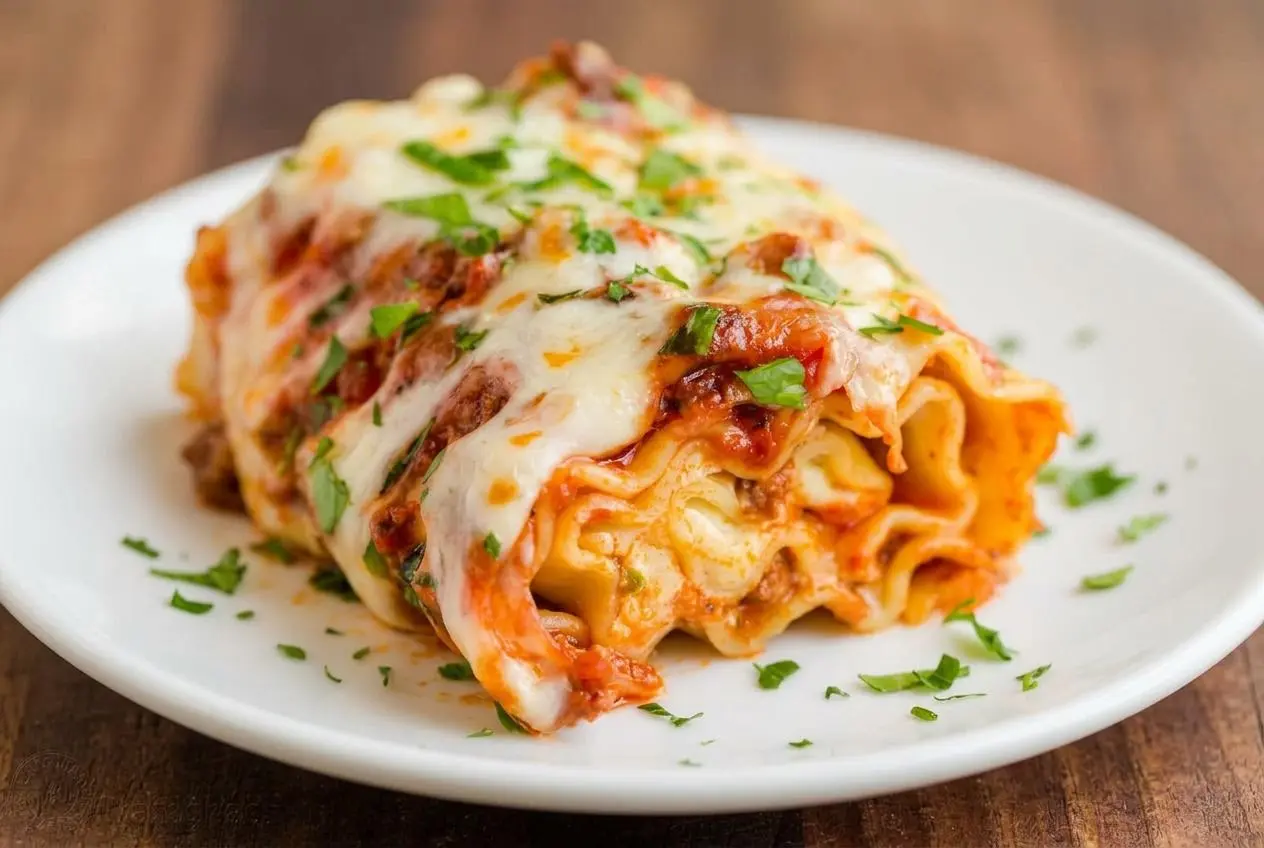 A casserole dish of lasagna roll ups with a savory meat sauce and a golden brown, bubbly mozzarella cheese topping, garnished with fresh