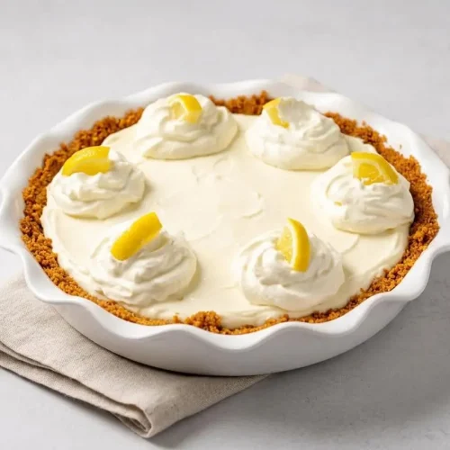 A finished lemon cream cheese pie with a smooth, pale yellow filling and a golden-brown graham cracker crust.