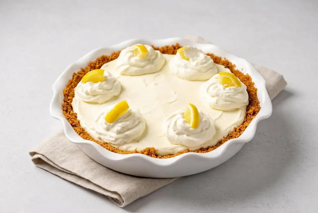 A finished lemon cream cheese pie with a smooth, pale yellow filling and a golden-brown graham cracker crust.