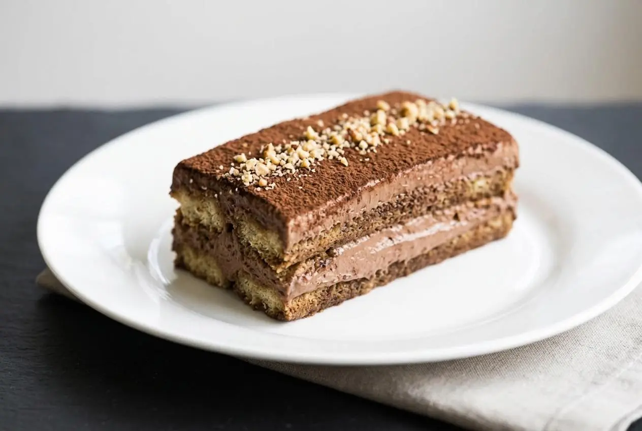An elegant Nutella Tiramisu layered with coffee-soaked ladyfingers and velvety chocolate hazelnut cream in a loaf pan.