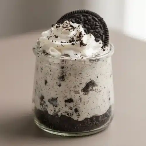 Individual Oreo Cheesecake Cup showing layers of crushed chocolate cookies, fluffy filling, and whipped cream.