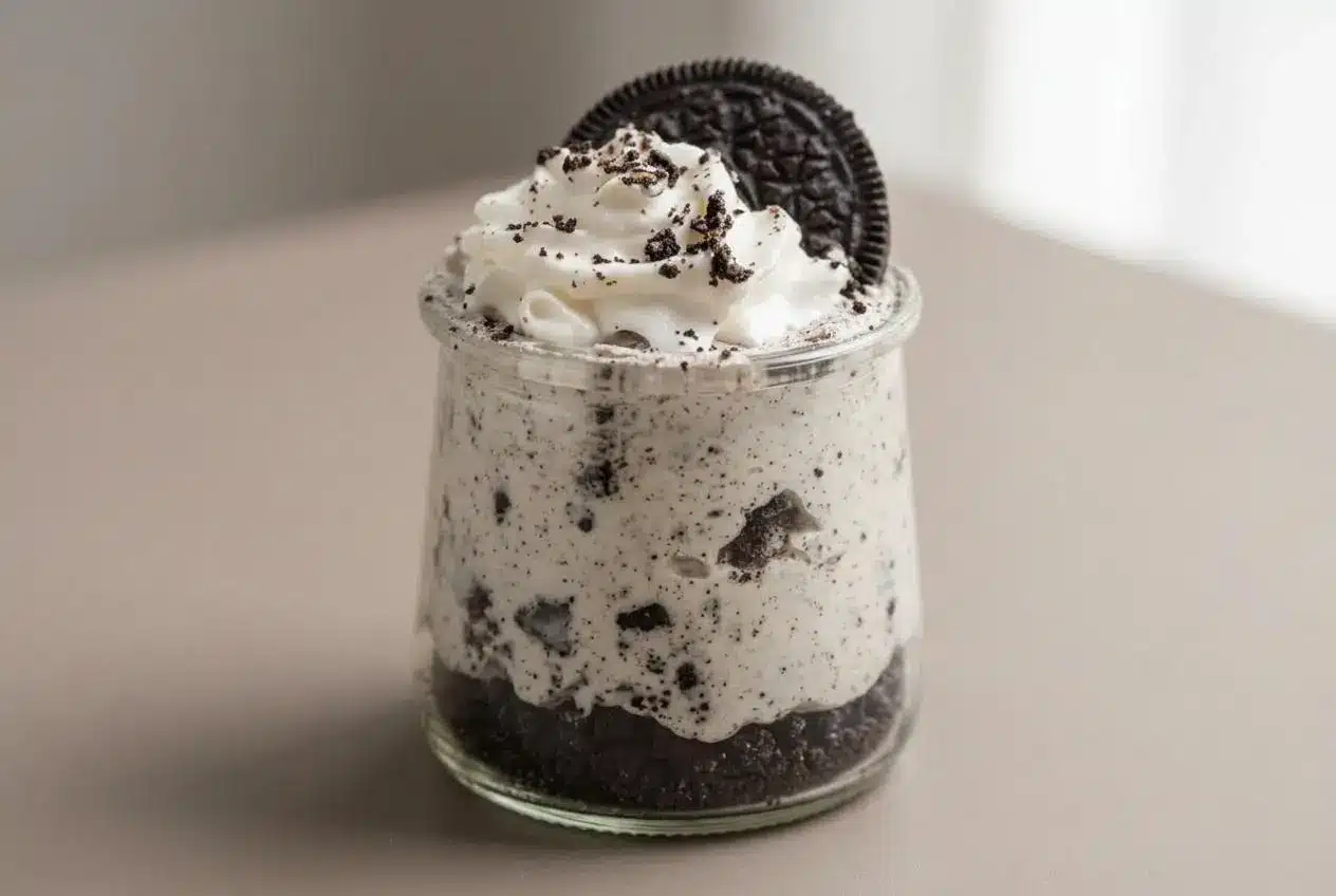 Individual Oreo Cheesecake Cup showing layers of crushed chocolate cookies, fluffy filling, and whipped cream.