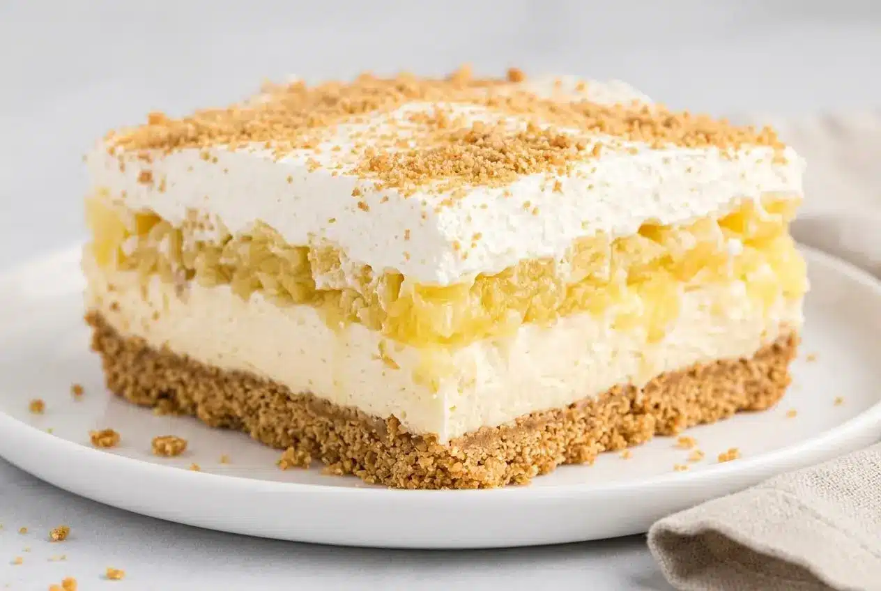 A sliced square of Pineapple Dream Dessert showcasing distinct layers of graham crust, cream cheese, and whipped topping.