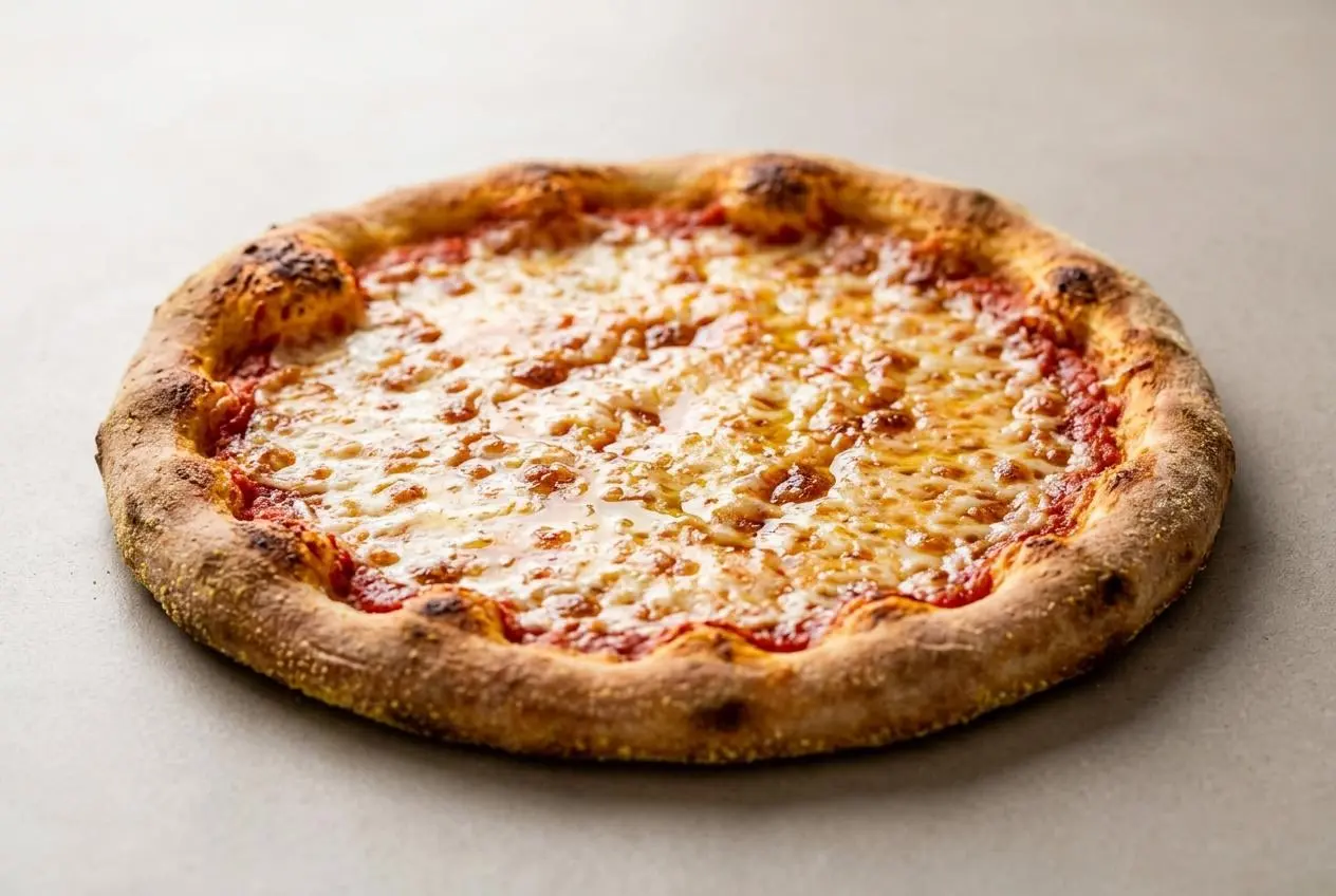 A homemade cheese pizza made with an easy pizza dough recipe, sliced on a pan to show its soft, chewy crust and golden-brown edges.