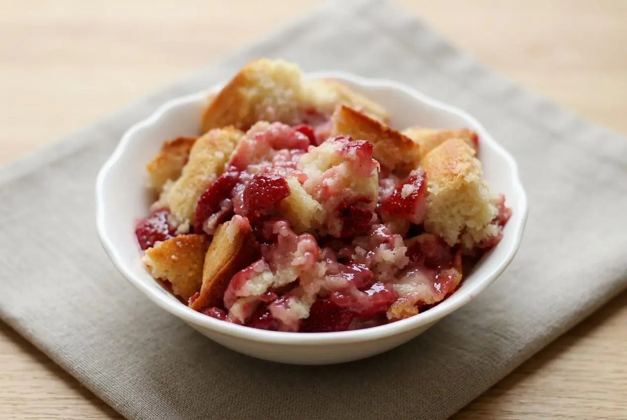 A freshly baked strawberry cobbler in a white oval baking dish, showing its golden brown, fluffy topping and bubbling red berry juices.