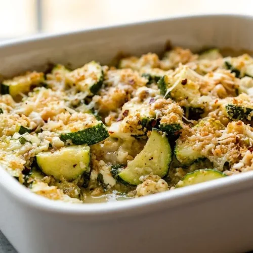A rectangular white baking dish of Zucchini Casserole with a golden brown, crispy Panko topping and bubbly, cheesy edges.