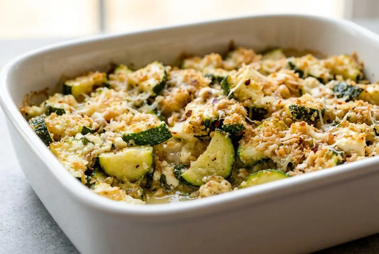 A rectangular white baking dish of Zucchini Casserole with a golden brown, crispy Panko topping and bubbly, cheesy edges.
