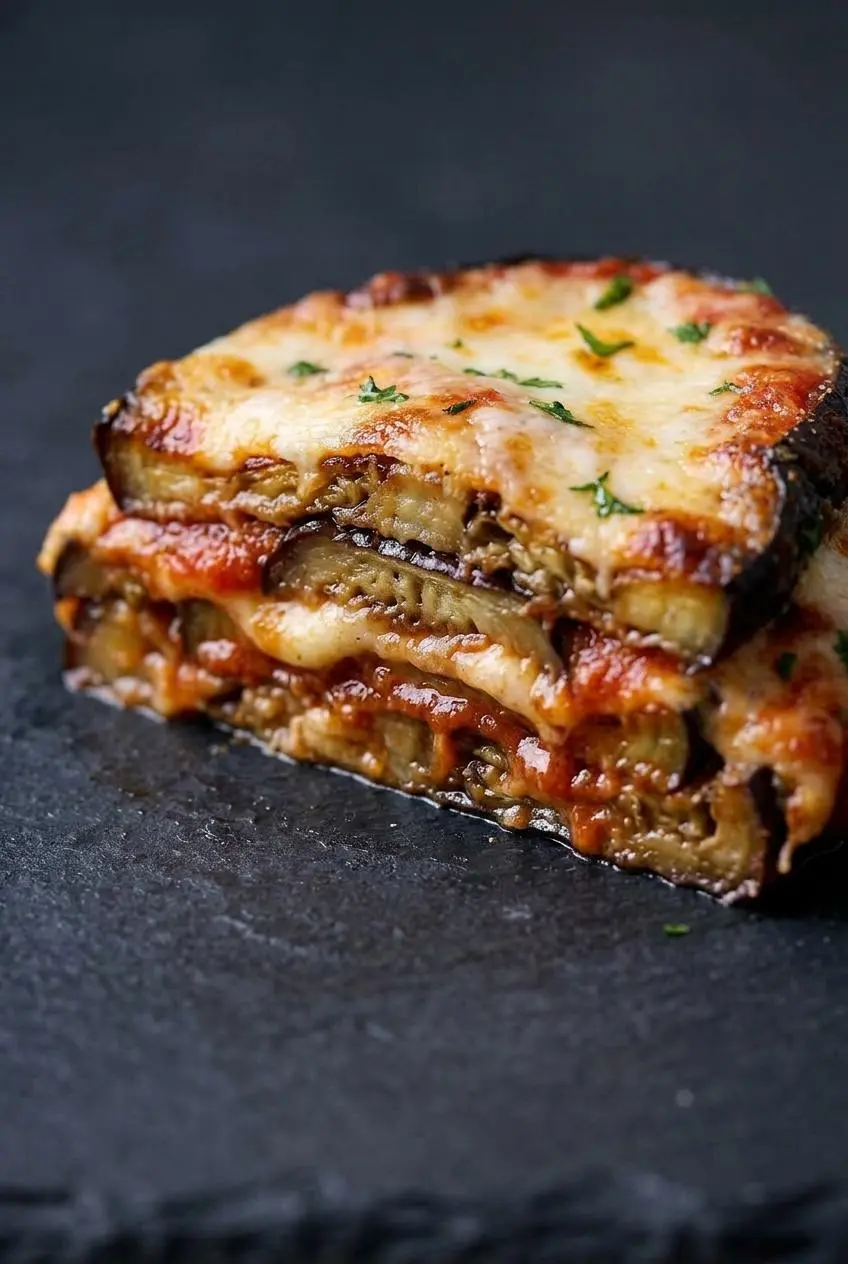 A close-up of a neat slice of eggplant casserole, showing distinct, tender layers of roasted eggplant, marinara, and melted cheese on a dark