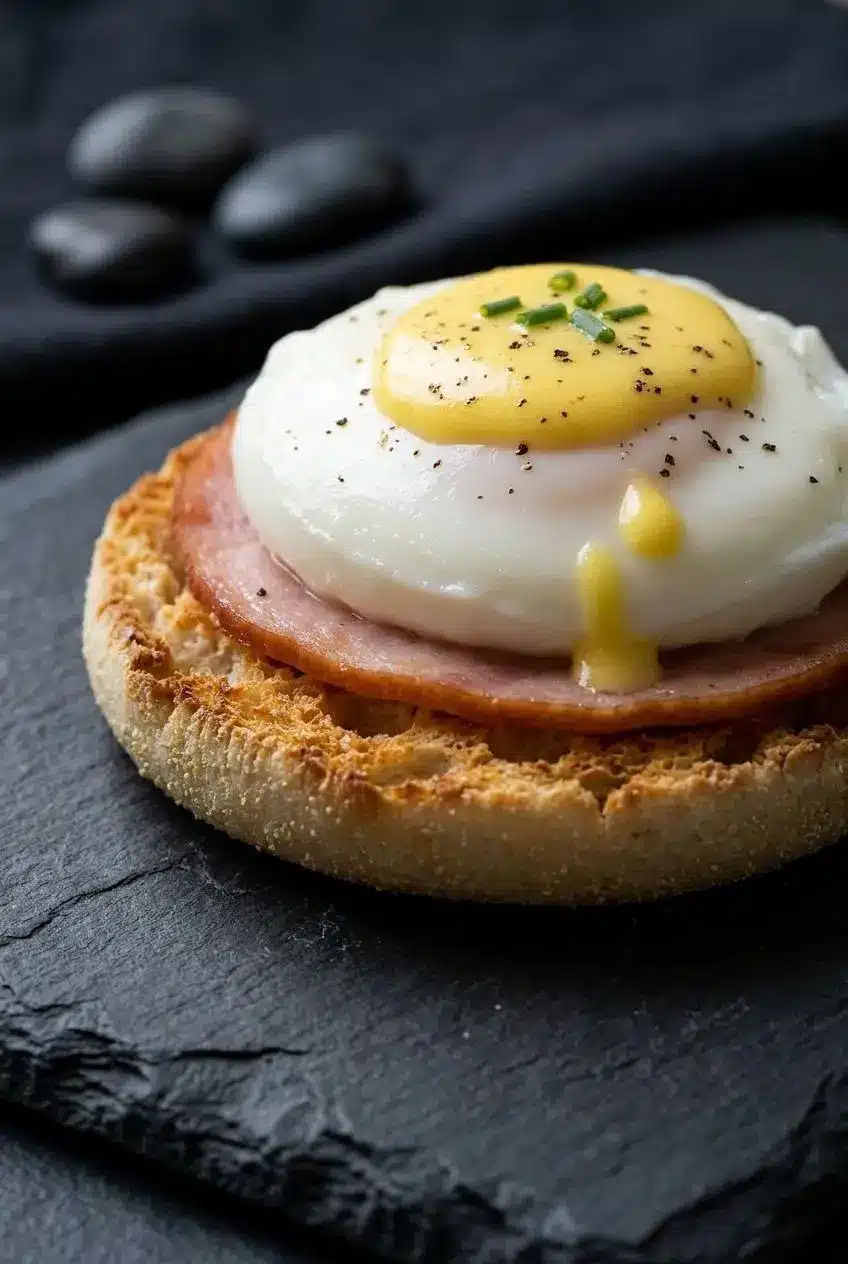 A close-up of a single Eggs Benedict, showing the texture of the toasted English muffin, Canadian bacon, and a glistening poached egg with a