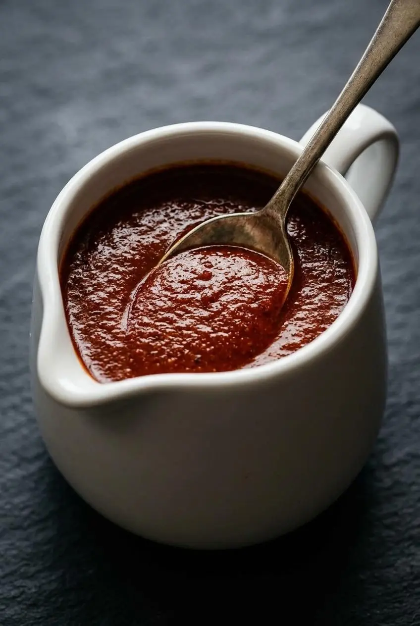 A close-up of thick, smooth red enchilada sauce in a white pitcher, with a spoon leaving a clean trail to show its perfect consistency.