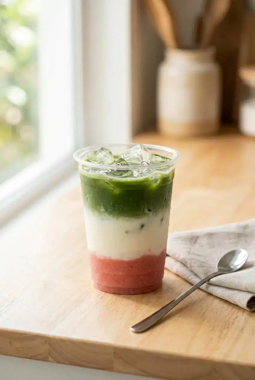 A finished Guava Matcha Latte in a tall glass, served on a light wood table next to a sunny window with a napkin and spoon.