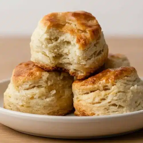 A cast iron skillet filled with tall, golden-brown biscuits from a classic biscuit recipe, with one split open to show its flaky layers.