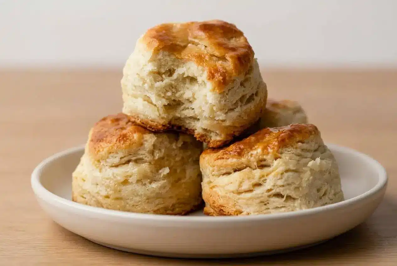 A cast iron skillet filled with tall, golden-brown biscuits from a classic biscuit recipe, with one split open to show its flaky layers.