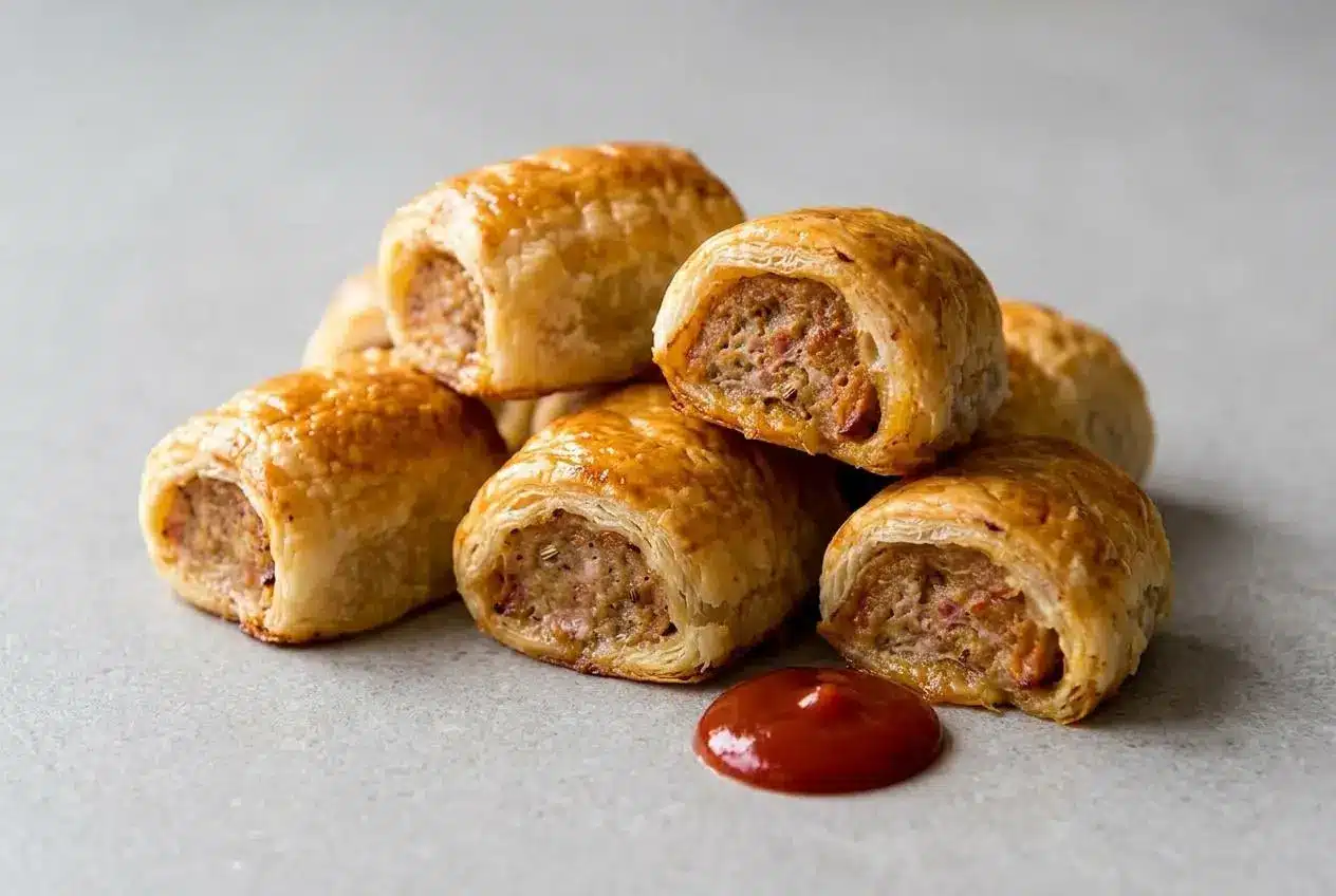 A platter of golden-brown, flaky sausage rolls, with one cut in half to show the juicy pork filling.