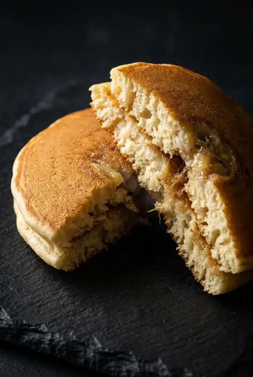 A single golden-brown banana pancake torn in half, revealing a light and airy interior crumb on a dark slate surface.