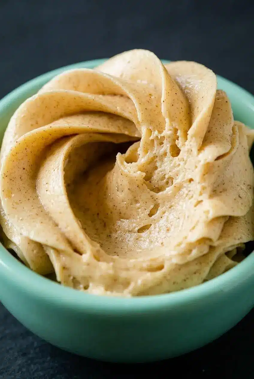 A close-up, top-down view into a white bowl showing the light, airy peaks and swirls of perfectly whipped honey butter.